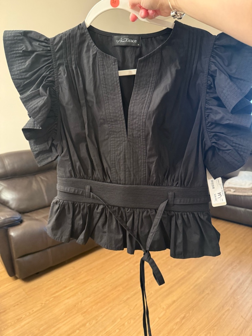 Black Ruffle-Sleeve Waist-Tie Peplum Top